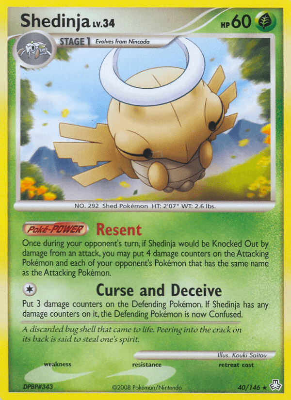 A rare Pokémon trading card of Shedinja (40/146) [Diamond & Pearl: Legends Awakened]. Shedinja, a Stage 1 Pokémon evolving from Nincada, is depicted with halo-like wings and a shiny body. The card details its HP of 60, abilities 