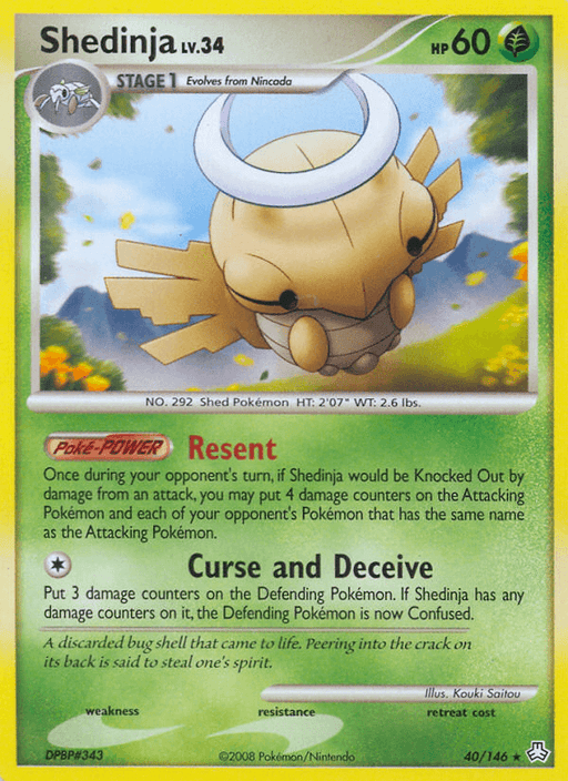 A rare Pokémon trading card of Shedinja (40/146) [Diamond & Pearl: Legends Awakened]. Shedinja, a Stage 1 Pokémon evolving from Nincada, is depicted with halo-like wings and a shiny body. The card details its HP of 60, abilities "Resent" and "Curse and Deceive," illustrator info, and is numbered 40/146.