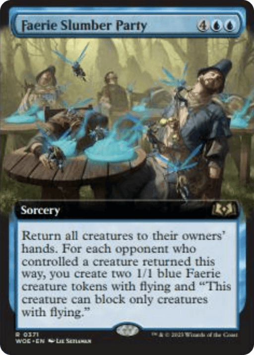 A Rare Magic: The Gathering card titled "Faerie Slumber Party (Extended Art) [Wilds of Eldraine]." The artwork shows mischievous blue faeries disrupting a gathering of humans seated at a table in a forest. Its Sorcery ability returns all creatures to their owners' hands and creates Faerie creature tokens.