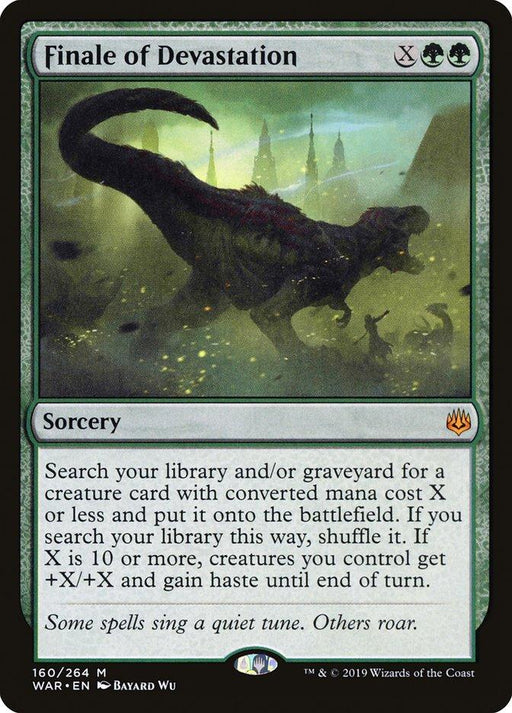 A Magic: The Gathering product titled "Finale of Devastation [War of the Spark]." The artwork depicts a green, tyrannosaurus-like dinosaur amid a stormy, dark landscape with lightning. This mythic sorcery from War of the Spark allows you to search for a creature card and boost creatures' stats.