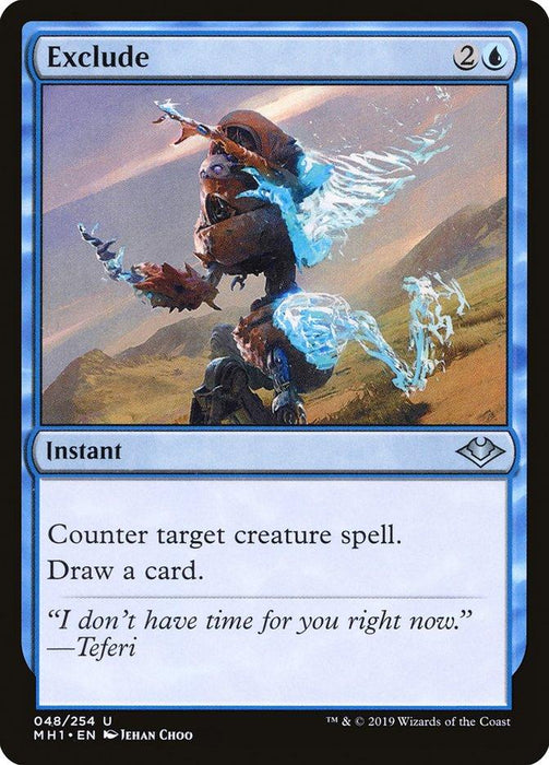 The image is of a Magic: The Gathering card named "Exclude [Modern Horizons]". It is an Instant card with a mana cost of 2 colorless and 1 blue. The art depicts a warrior being shattered, with blue energy fragments dispersing into the air. The card text reads: "Counter target creature spell. Draw a card." It also has flavor text: "I don't have