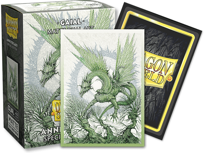 Arcane Tinmen Dragon Shield: Standard 100ct Sleeves - Special Anniversary - Gaial (Dual Matte) packaging features a stunning fantasy illustration of a green dragon with large wings wrapped around a tree. The front of the box and displayed TCG card sleeve show the same detailed artwork, while the back is black with the Dragon Shield logo.