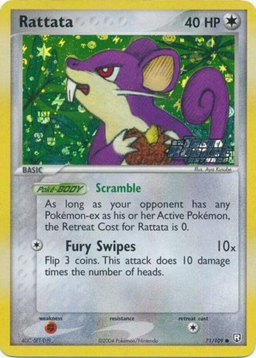 Product: Rattata (71/109) (Stamped) [EX: Team Rocket Returns] 
Brand: Pokémon

Description: A common Pokémon trading card featuring Rattata with 40 HP. The card has a silver background adorned with a green and yellow border. The illustrated Rattata, depicted holding a nut, exudes a determined expression. Key attacks include "Scramble" and "Fury Swipes." This colorless card is number 71/109 from the EX Team Rocket Returns series.