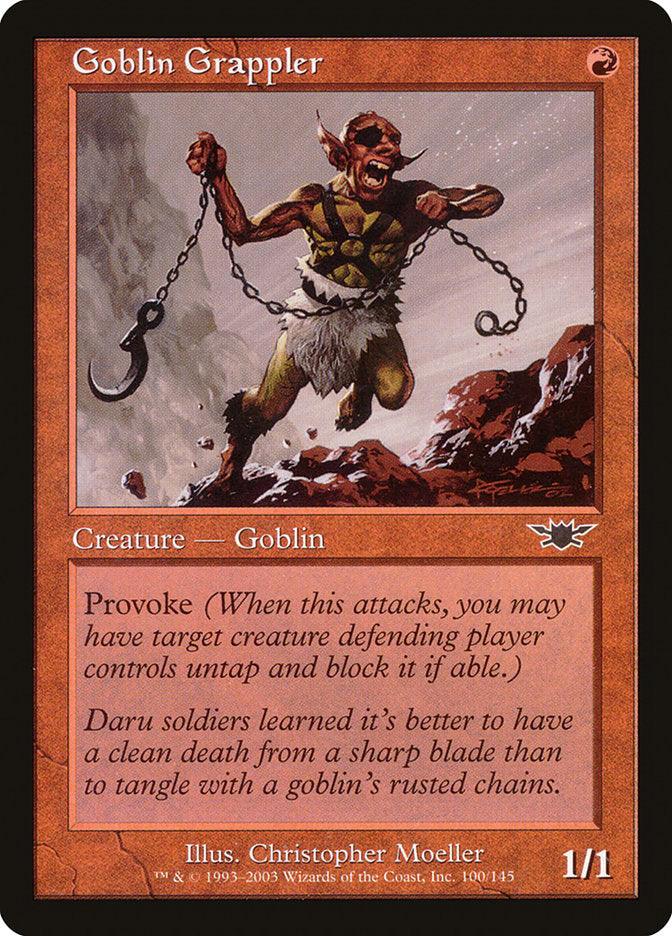 This image features the "Goblin Grappler [Legions]" Magic: The Gathering card, depicting a 1/1 creature with provoke. It shows a goblin with a chain weapon on rocky terrain, framed by red borders and text. Art by Christopher Moeller.