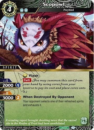 The "Scopowl (PR-018) [Battle Spirits Saga Promo Cards]" trading card from Bandai features an illustrated owl with dark feathers, red-tipped wings, and piercing eyes wearing a crown-like headpiece. This Spirit Type card boasts stats: Level 1: 2000 power, 1 core cost; Level 2: 3000 power, 2 core cost. Promo cards special abilities include