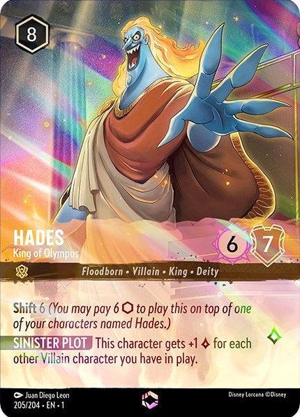 A trading card featuring Hades from Disney Lorcana. Hades, depicted as a blue-skinned character with flowing orange hair, is labeled "Hades - King of Olympus (Enchanted) (205/204) [The First Chapter]." The card stats include a cost of 8, strength of 6, and willpower of 7. Special abilities: Shift 6 and Sinister Plot.