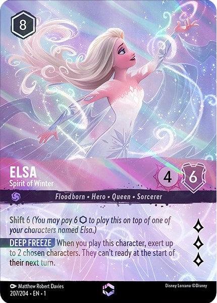 A collectible card features Elsa from Disney's Frozen, mid-air with swirling ice and snow around her. Dubbed the "Elsa - Spirit of Winter (Enchanted) (207/204) [The First Chapter]," it includes her stats: 4 attack and 6 defense. Special abilities like "Shift 6" and "Deep Freeze" are detailed, highlighting her roles as Floodborn Hero, Queen, and Sorcerer.