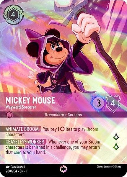 A card from Disney's *The First Chapter* featuring Mickey Mouse - Wayward Sorcerer (Enchanted) (208/204). The card has an evocative, enchanted background with pink and purple tones. It lists the character’s abilities: Animate Broom and Ceaseless Worker, as well as stats: 3 strength and 4 willpower. Card number 208/204.
