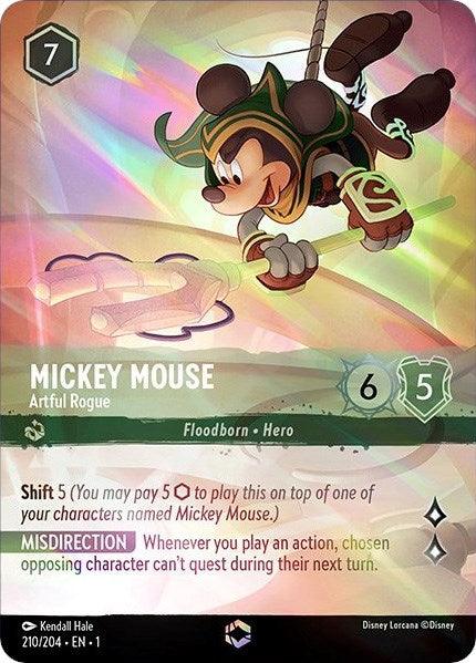 A Disney Mickey Mouse - Artful Rogue (Enchanted) (210/204) [The First Chapter] trading card featuring Mickey Mouse as the Artful Rogue from The First Chapter. Enchanted with holographic rainbow effects, Mickey wears a green and black outfit with a cape, holding a rope, appearing to swing. Stats: Cost 7, Power 6, Toughness 5. Abilities include Shift 5 and Misdirection.