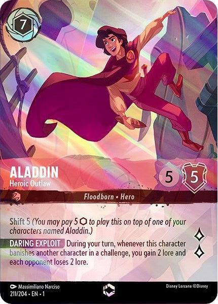 A Disney Lorcana card titled "Aladdin - Heroic Outlaw (Enchanted) (211/204) [The First Chapter]." It features a dynamic illustration of Aladdin in mid-air, set against a vibrant, action-filled background. Aladdin has a 5/5 power and toughness with a cost of 7. The card's abilities include "Shift 5" and "Daring Exploit.