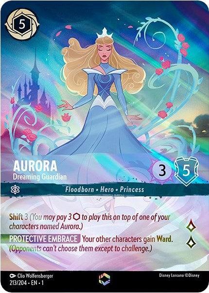 Image of a Disney Lorcana trading card from The First Chapter. It showcases Aurora - Dreaming Guardian (Enchanted) (213/204) [The First Chapter], with a cost of 5, power of 3, and willpower of 5. The card text includes "Shift 3," "Protective Embrace," and states that it protects other characters with "Ward." The background boasts an enchanted and magical design.