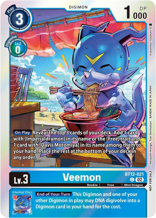 An image of a Digimon trading card titled "Veemon [BT12-021] (Gen Con 2023) [Promotional Cards]." The card displays a blue dragon-like creature with a "V" on its forehead, enthusiastically eating noodles. This promotional card shows it's a level 3, blue Digimon with 1000 DP. Special abilities and game instructions are detailed on the card.
