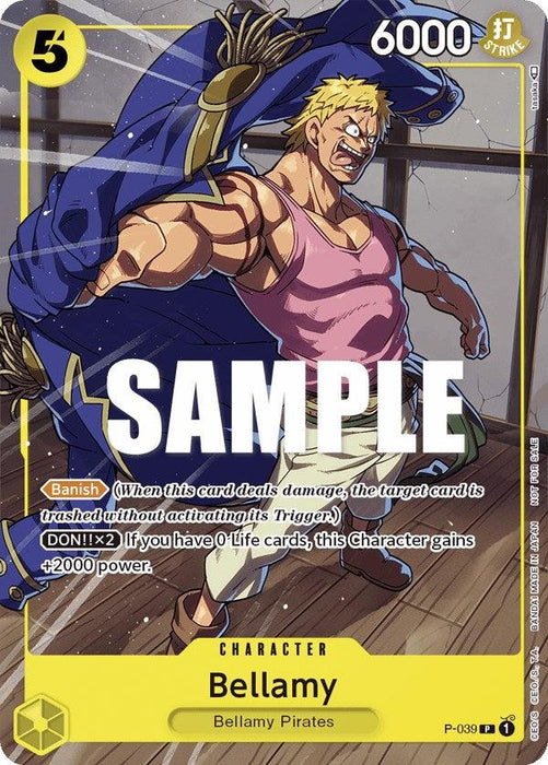 Description: This Promo Character Card features Bellamy from the Bellamy Pirates. With spiky blond hair, shirtless beneath a purple jacket draped over his shoulders, Bellamy boasts a power of 6000 and a cost of 5. The card, part of the [Bellamy (Pirates Party Vol. 4) One Piece Promotion Cards] series by Bandai, has "SAMPLE" printed across it and details his abilities.