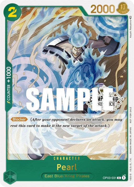 A trading card featuring a character named Pearl from the East Blue Krieg Pirates. The character is illustrated in a dynamic pose with fiery blue energy swirling around. This Bandai product, Pearl (Store Championship Participation Pack Vol. 2) [One Piece Promotion Cards], has a defense value of 2000 and a counter value of +1000. Text says "Blocker" and the card is labeled "OP03-031".
