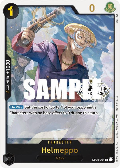 A promo character card from the One Piece Card Game features Helmeppo in a Navy uniform, swinging a large hammer. This Bandai Helmeppo (Store Championship Participation Pack Vol. 2) [One Piece Promotion Cards] has a cost of 1 and an attack power of 1000. The text details his ability to set an opponent's character cost to zero for this turn. "SAMPLE" is watermarked across the image.