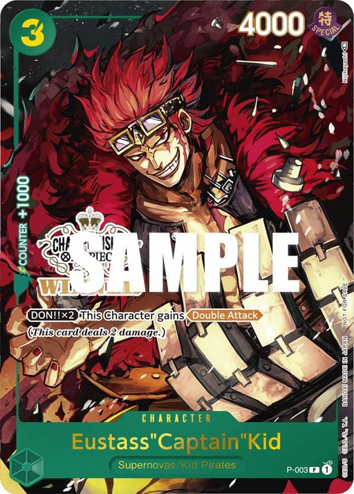 A promotional trading card featuring Eustass "Captain" Kid, a formidable character from the One Piece series. Sporting red spiky hair, goggles, and a fur-lined coat, he boasts 3 cost and 4000 power with Double Attack abilities. The dynamic red and gold background adds flair to this Eustass "Captain" Kid (Store Championship Vol. 2) [Winner] [One Piece Promotion Cards] stamped "SAMPLE." Product by Bandai.
