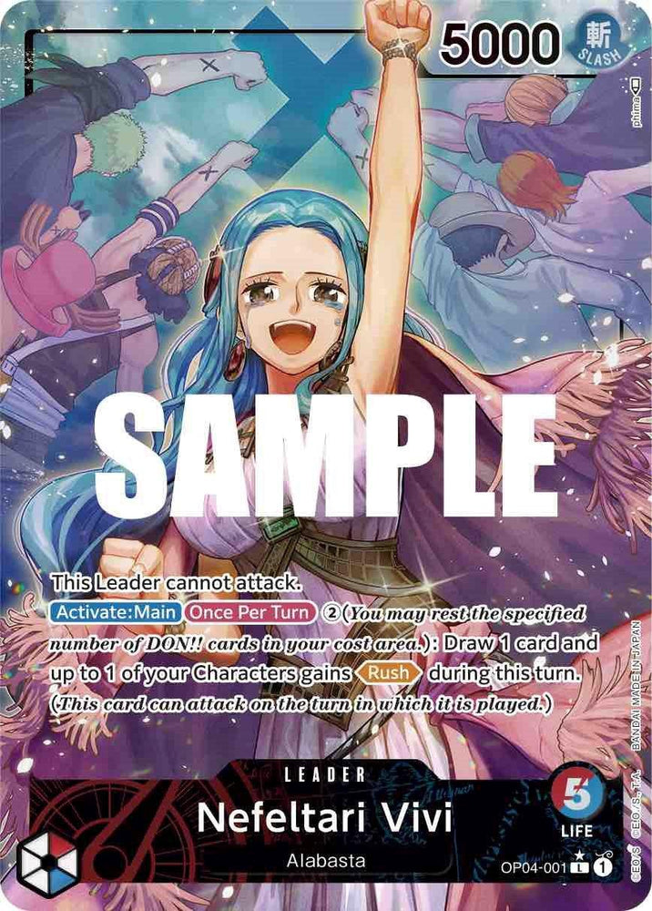 A trading card featuring "Nefeltari Vivi," from the Kingdoms of Intrigue. She is depicted with blue hair, a joyful expression, and both arms raised in celebration. This Leader card includes various details such as "5000" power, the text "SAMPLE," and a description of her abilities. The card is titled Nefeltari Vivi (Alternate Art) [Kingdoms of Intrigue] by Bandai.