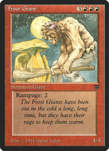 A trading card from Magic: The Gathering titled "Frost Giant [Legends]" depicts a creature with rugged features and a bare torso, wielding a large club. Under the full moon in a snow-covered landscape, this Frost Giant is highlighted with "Rampage 2," perfectly capturing the formidable nature of Frost Giants.