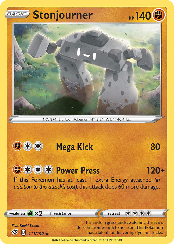 The Stonjourner card, exclusive to the Theme Deck from the Pokémon Sword & Shield: Rebel Clash series, features a powerful creature with 140 HP. The large brown rock-like Stonjourner is depicted in a grassy field, complete with stone limbs and moss accents. Its formidable moves include Mega Kick and Power Press, while symbols indicating weakness, resistance, and retreat are also present below the descriptive text on the card.