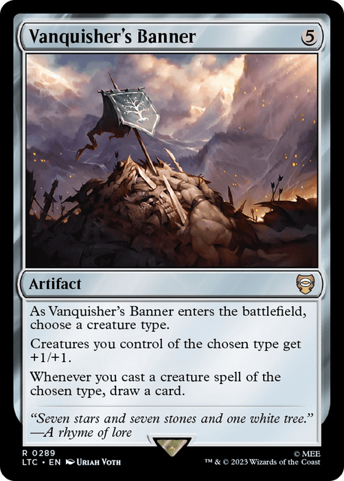 A Magic: The Gathering card titled "Vanquisher's Banner [The Lord of the Rings: Tales of Middle-Earth Commander]" with a mana cost of 5. The artwork showcases a battle-worn banner on a rocky hill under a dramatic sky. Its effects boost creatures of a chosen type and allow card drawing when casting spells of that type, evoking Tales of Middle-Earth.