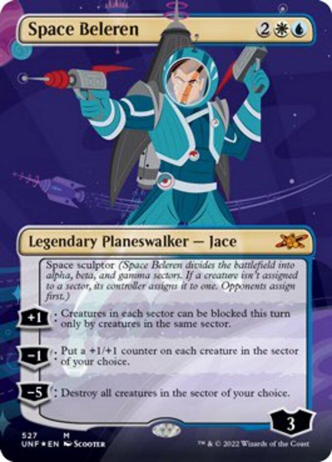 A Magic: The Gathering card titled "Space Beleren (Borderless) (Galaxy Foil) [Unfinity]," from the Unfinity series. The card features "Jace, Legendary Planeswalker," depicted in a space suit with a floating spaceship in the background. His abilities are listed under three icons, offering tactical advantages in the game. The card has a cosmic theme.