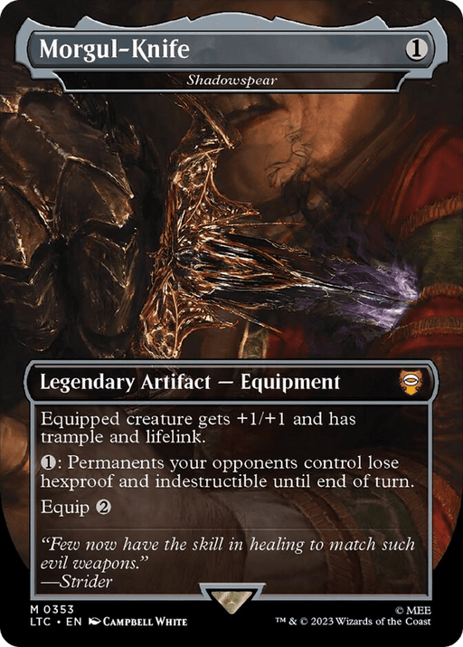 An image of a "Shadowspear - Morgul-Knife" Magic: The Gathering card. As a Legendary Artifact from The Lord of the Rings: Tales of Middle-Earth Commander set, it costs 1 mana and gives the equipped creature +1/+1, trample, and lifelink. It removes hexproof and indestructible from opponents' permanents until end of turn. Equip cost is 2.