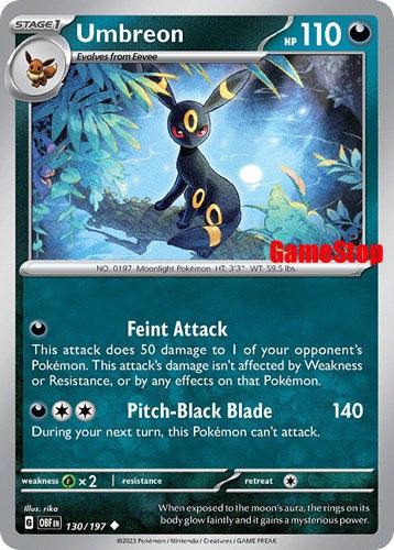 This Pokémon trading card features Umbreon with a GameStop logo. Part of the Scarlet & Violet: Obsidian Flames series, Umbreon (130/197) (GameStop Exclusive) [Scarlet & Violet: Obsidian Flames] boasts 110 HP and evolves from Eevee. With moves like Feint Attack and Pitch-Black Blade, the darkness-themed card depicts a moonlit night backdrop, complete with colorless energy symbols, weaknesses, and resistances.