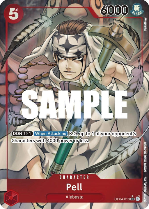 The Trading Card image features a character named Pell from Alabasta. Pell appears in a battle stance with a determined expression, wearing white armor and a cape. This Super Rare Character Card from "Kingdoms of Intrigue" displays a cost of 5, power level of 6000, and unique abilities, all overlaid with the word 'SAMPLE.' Introducing the **Pell (Alternate Art) [Kingdoms of Intrigue]** by **Bandai**.