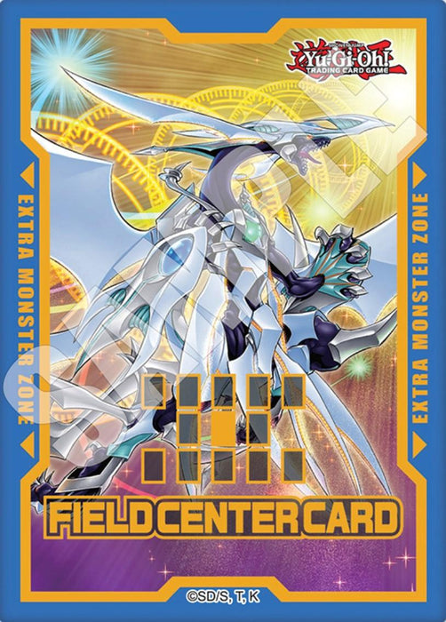 A "Yu-Gi-Oh!" Field Center Token: Cosmic Quasar Dragon (Duelist Nexus) Promo featuring a futuristic, mechanical dragon with white and blue armor, set against a vibrant background with golden circuitry and beams of light. This rare promo piece from the Duelist Nexus series boasts blue borders with "EXTRA MONSTER ZONE" labeled on both sides and "FIELD CENTER CARD" at the bottom.