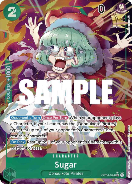A character card featuring "Sugar (Alternate Art) [Kingdoms of Intrigue]" from the "Bandai" series. Sugar, with her green hair styled in pigtails, dons a white outfit. She is shouting with wide-open eyes. The card mentions abilities related to resting opponent characters and is marked as a Super Rare sample from the Kingdoms of Intrigue edition.