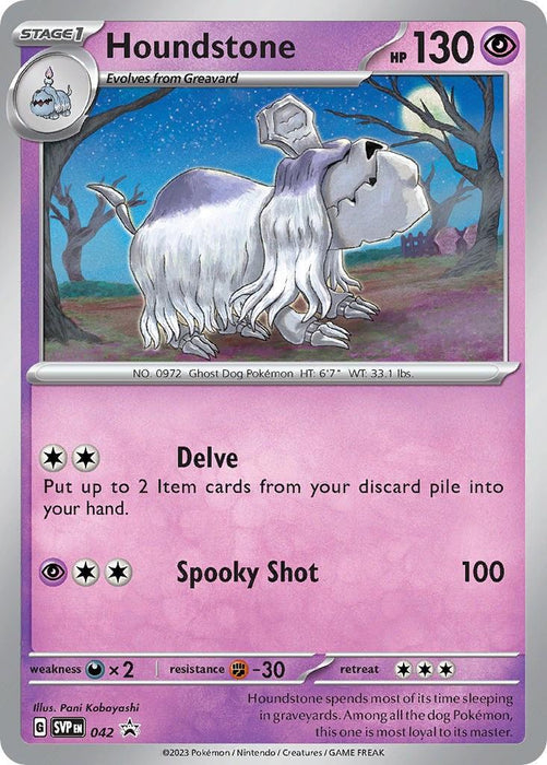 A Pokémon trading card featuring Houndstone (042) (Cosmos Holo) [Scarlet & Violet: Black Star Promos] from the Pokémon series. Houndstone, a ghostly dog with a white, flowing mane and hollow eyes, appears sad. The Psychic-type card details 130 HP, moves "Delve" and "Spooky Shot," and is a Stage 1 Pokémon evolving from Greavard. The background features purple shades.
