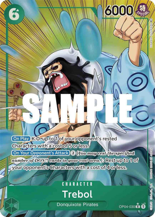 A rare digital card from the One Piece Card Game featuring Trebol of the Donquixote Pirates. With a power of 6000 and a cost of 6 to play, this card includes On Play abilities for KO'ing opponent's characters and resting DON!! cards. Part of the Kingdoms of Intrigue set, its number is OP04-030. A large "SAMPLE" is printed across Trebol (Alternate Art) [Kingdoms of Intrigue] by Bandai.