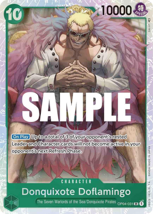 A Bandai Donquixote Doflamingo [Kingdoms of Intrigue] trading card featuring Donquixote Doflamingo. Doflamingo is illustrated sitting confidently on a throne with his hands clasped, wearing sunglasses and a pink feathered coat. The light green background highlights his stats, abilities, and the One Piece card game logo from the Kingdoms of Intrigue series.