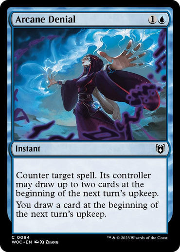 The Magic: The Gathering card "Arcane Denial [Wilds of Eldraine Commander]" features a robed figure casting an instant, surrounded by blue and purple energy. Costing one blue and one colorless mana, it lets you counter target spell effectively.