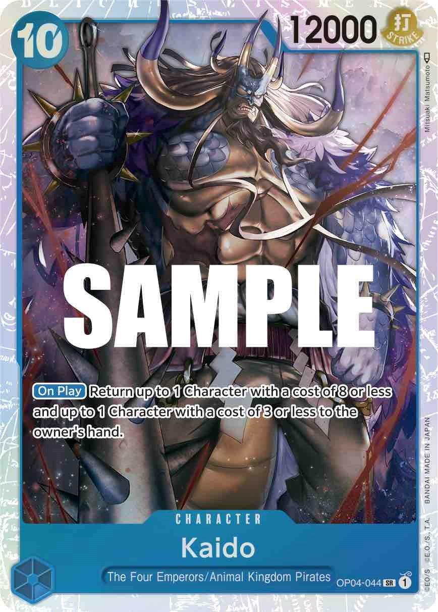 Bandai's Kaido [Kingdoms of Intrigue] trading card features Kaido, a muscular figure adorned with horns and wielding a kanabo (spiked club). It has a cost of 10 and a power of 12000. Its effect returns up to 2 characters to their owner's hand. The card's text is partially covered by the word 