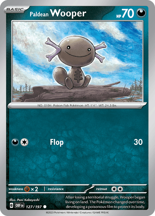 A Pokémon trading card features Paldean Wooper (127/197) [Scarlet & Violet: Obsidian Flames], a Poison Fish Pokémon with brown, mud-like skin and a cheerful smile. From the Scarlet & Violet series, the card shows its stats: 70 HP, a single move "Flop" which does 30 damage, and a description of Wooper's adaptive abilities. The illustrator is Pani Kobayashi.