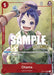 A Promo Character Card from the "One Piece Promotion Cards" series featuring Otama from "Land of Wano." She has purple hair tied in a bun, wears a green kimono, and smiles while seated on the grass. The card, numbered OP01-006, has a red border and special abilities text. "SAMPLE" is written in large white letters across the center. This is the Otama (Online Regional 2023) [Participant] [One Piece Promotion Cards] by Bandai.