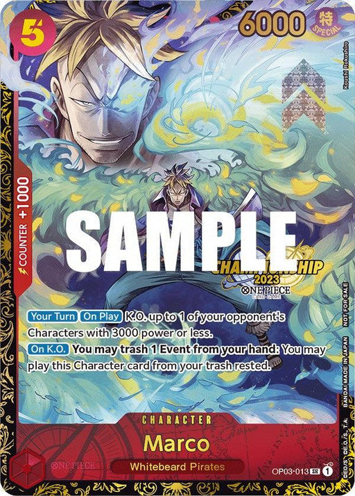 A detailed, colorful trading card from the One Piece Championship series features the character Marco from the Whitebeard Pirates. This Promo Character Card, Marco (Championship 2023) [One Piece Promotion Cards] by Bandai, showcases Marco surrounded by vibrant energy waves, with text about his abilities, a +1000 counter, and a 6000 power level. "SAMPLE" is overlaid in bold letters.