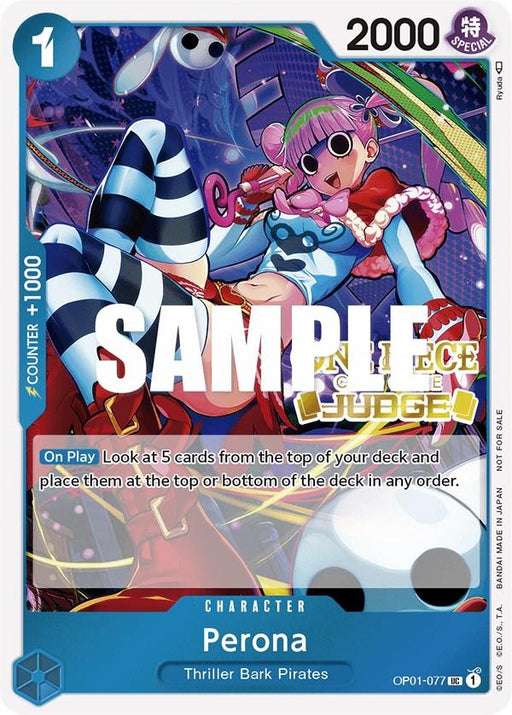 A colorful Promo Card features Perona, a character from the Thriller Bark Pirates in One Piece. She is dressed in a playful, gothic outfit with pink hair, a crown, and a parasol. The card details include a power of 2000, a counter of +1000, and an ability to look at the top 5 cards of your deck. The specific product is Perona (Judge Pack Vol. 2) [One Piece Promotion Cards] by Bandai.