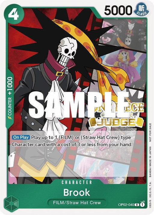 A promo card features a skeleton in a pirate outfit with an afro and a top hat, labeled "Brook (Judge Pack Vol. 2) [One Piece Promotion Cards]," boasting 5000 power and a counter of +1000. Numbered OP02-040, it belongs to the FILM and Straw Hat Crew series of One Piece Promotion Cards. "SAMPLE" is written over the image. This product is by Bandai.