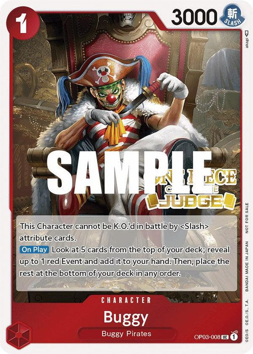 A Buggy (Judge Pack Vol. 2) [One Piece Promotion Cards] by Bandai features Buggy the Clown from the Buggy Pirates in a colorful jester outfit with a big red nose and clown makeup. The card has a power value of 3000 and a cost of 1. The text explains Buggy's abilities and restrictions in gameplay. The word "SAMPLE" overlays the center.