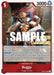 A Buggy (Judge Pack Vol. 2) [One Piece Promotion Cards] by Bandai features Buggy the Clown from the Buggy Pirates in a colorful jester outfit with a big red nose and clown makeup. The card has a power value of 3000 and a cost of 1. The text explains Buggy's abilities and restrictions in gameplay. The word "SAMPLE" overlays the center.