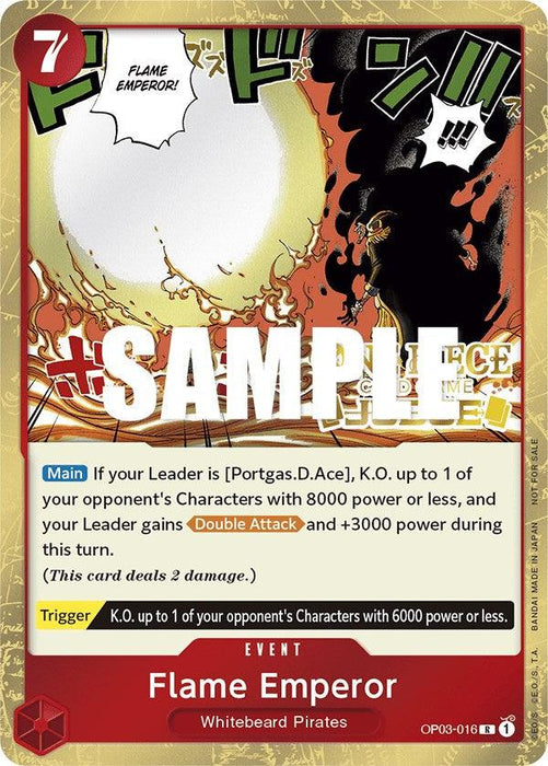 A trading card titled "Flame Emperor (Judge Pack Vol. 2) [One Piece Promotion Cards]" from the Whitebeard Pirates by Bandai. It shows an illustration of intense flames consuming the background with a dramatic explosion. Part of the One Piece Promotion Cards, it highlights Portgas.D.Ace's power to enhance and deal damage. The card has a cost of 7 and a trigger effect.