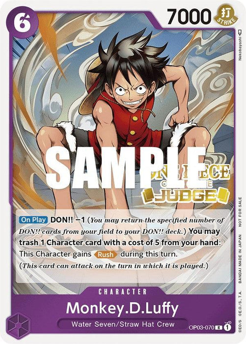 A promo card featuring Monkey.D.Luffy (Judge Pack Vol. 2) [One Piece Promotion Cards] from Bandai. Luffy is depicted in an action pose with a determined expression. The character card boasts a power level of 7000, a cost of 6, and abilities that enable power boosts and immediate attacks. Text "SAMPLE" overlays the card.