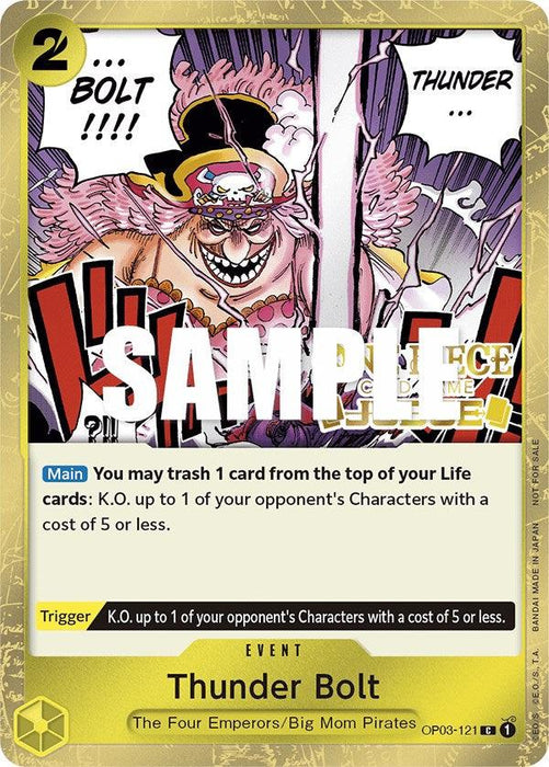The image showcases a trading card from the One Piece Card Game featuring Big Mom. Titled "Thunder Bolt," this Event card has a cost of 2 and is part of the "The Four Emperors/Big Mom Pirates" series. It's marked as a SAMPLE. This is one of the unique Thunder Bolt (Judge Pack Vol. 2) [One Piece Promotion Cards] from their latest set by Bandai.