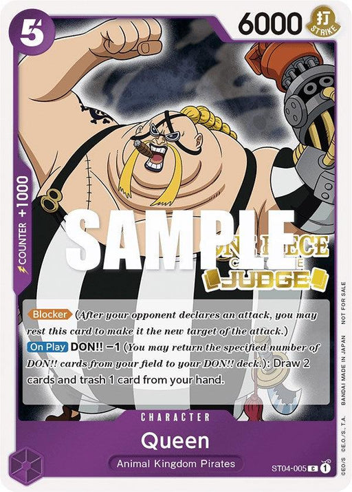 A trading card featuring a muscular, anthropomorphic character named Queen from the One Piece series. Queen, with blonde hair and a large mechanical arm, is depicted in an aggressive pose. This Bandai product, Queen (Judge Pack Vol. 2) [One Piece Promotion Cards], includes various game statistics and abilities. Text "SAMPLE" overlays the image.