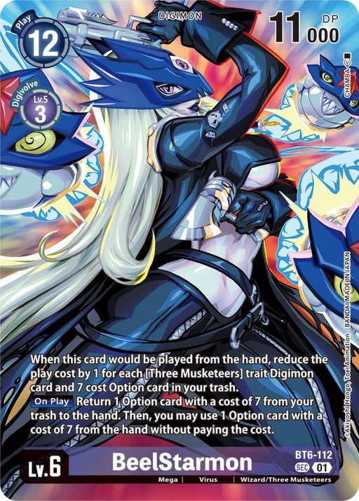 A Digimon card from the Digimon Double Diamond Promos set featuring BeelStarmon [BT6-112] (Premium Binder Set), a humanoid character with blue armor, metallic wings, and a large weapon. The card's text details abilities related to reducing costs and utilizing trash cards. Its level, DP, and other game-related stats are prominently displayed.
