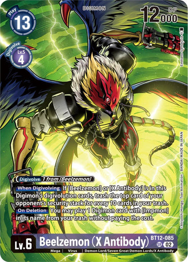 A Digimon trading card featuring Beelzemon (X Antibody) [BT12-085] (Premium Binder Set) [Across Time Promos] from the Digimon card game. This impressive promo card has a Level 6 designation and stats of 13000 DP with a play cost of 13. The artwork spotlights Beelzemon with dark wings, red accents, and lightning effects in the background. Various card text and abilities