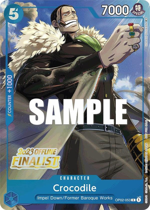 A trading card titled "Crocodile (Offline Regional 2023) [Finalist] [One Piece Promotion Cards]" from Bandai features a tall, muscular man with long dark hair wearing a green fur-lined coat, black shirt, and gray pants. The promo card includes stats: 5 cost, 7000 power, and a counter of +1000. Text reads "2023 Offline Finalist" and "Impel Down/Former.