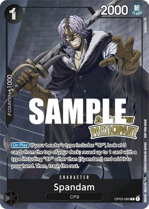 A trading card featuring Spandam from CP9 with a long white wig, glasses, and holding a sword. Text includes "SAMPLE," "2nd Game PARTICIPANT," and details of the card's abilities. Part of the Bandai Spandam (Offline Regional 2023) [Participant] [One Piece Promotion Cards] series, it has a Counter of 1000, power of 2000, and the identifier OP03-086.